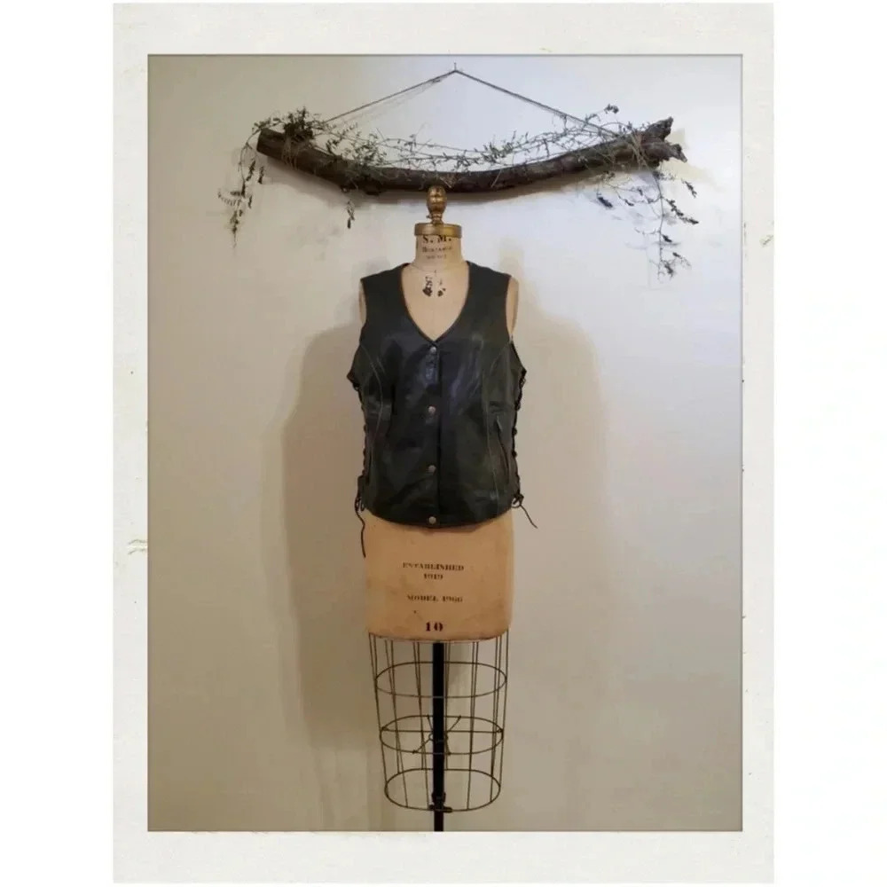 Vintage Black Leather Corsette Grunge Moto Festival Button Vest - Picture 1 of 2